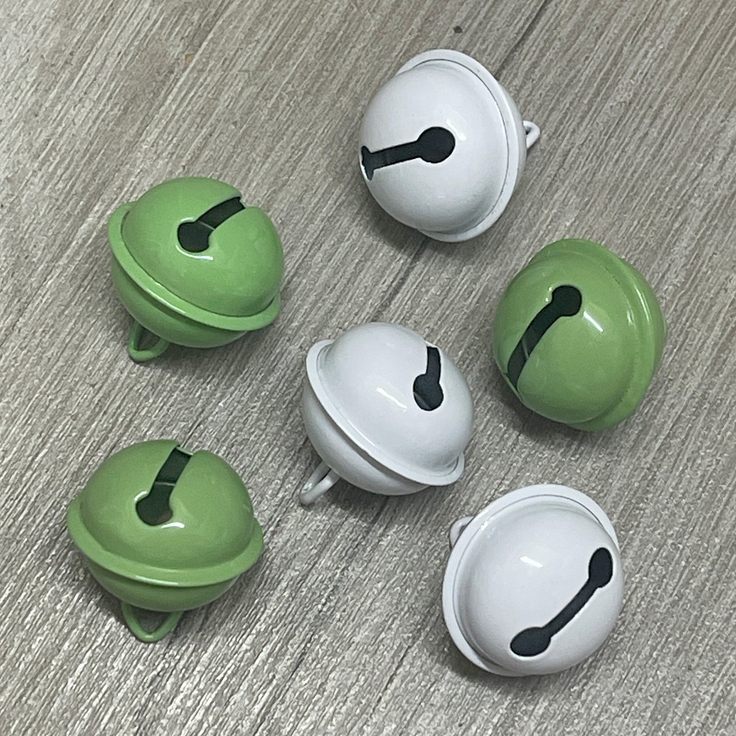 6 Large bell charms in white and green, 25mm