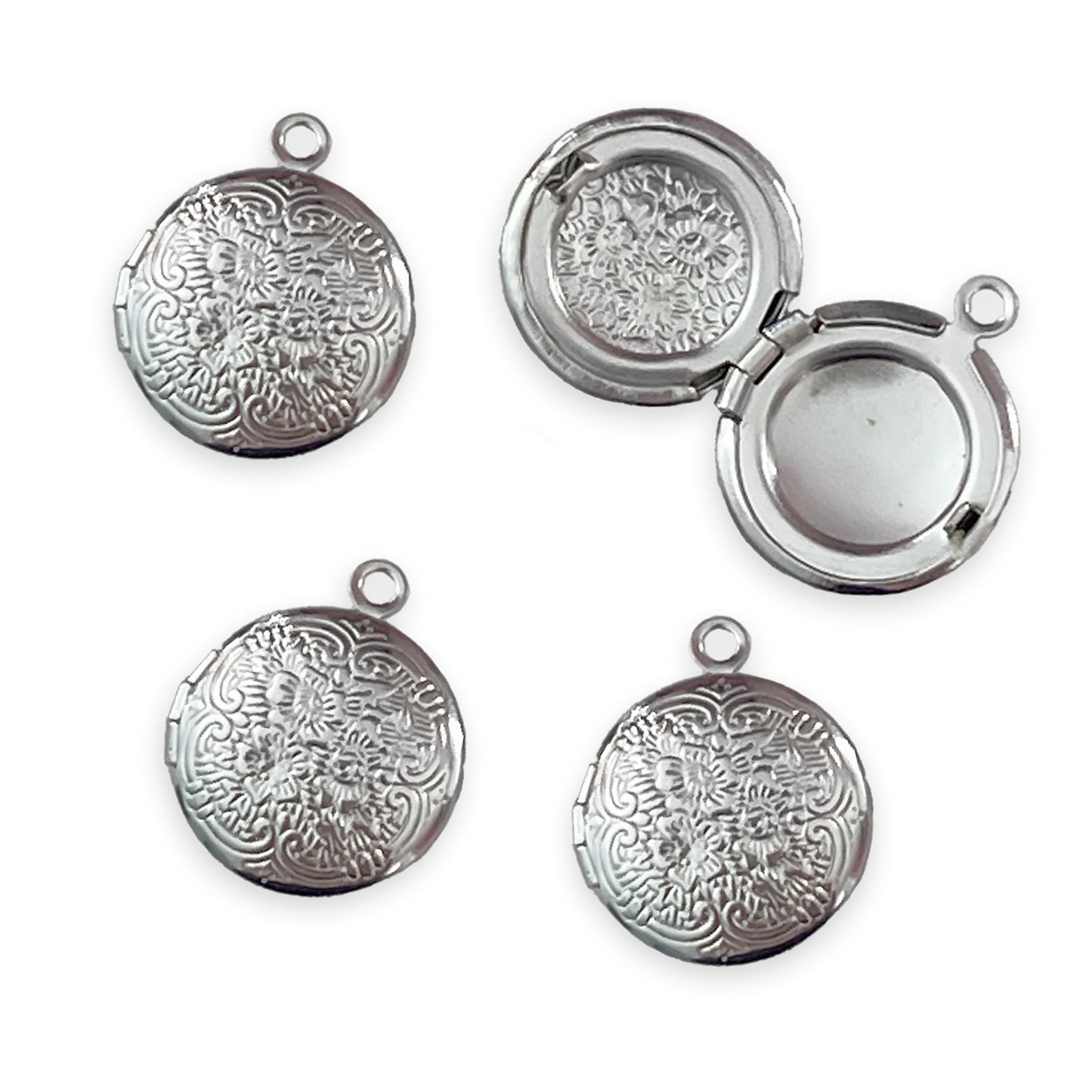 4 x Mini round locket charms, silver colour