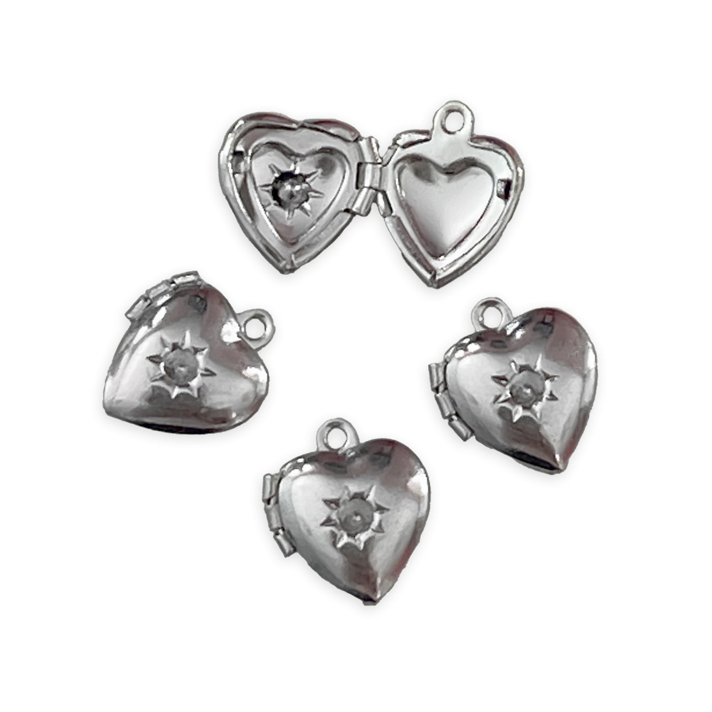 4 x Mini heart sun embossed locket charms, silver colour