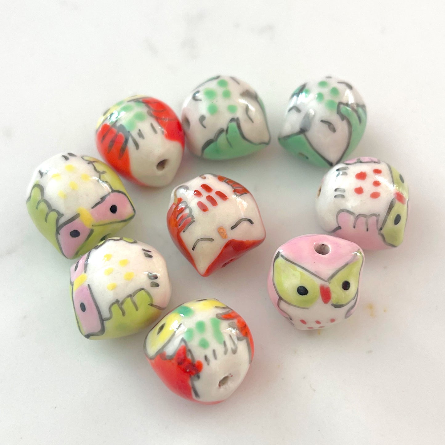9 porcelain owl beads, CLEARANCE