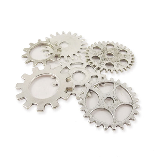 6 steampunk silver colour metal cog charms