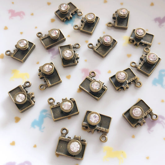 4 camera charm with gem lens, antique bronze