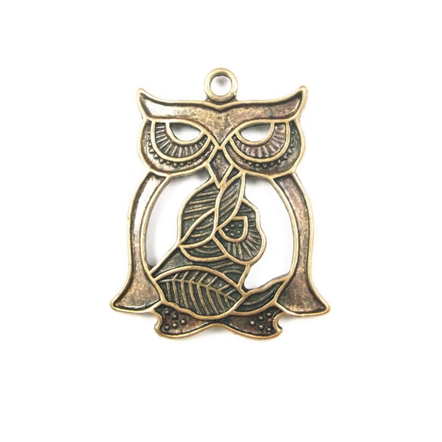 Owl bronze colour charm, art deco style