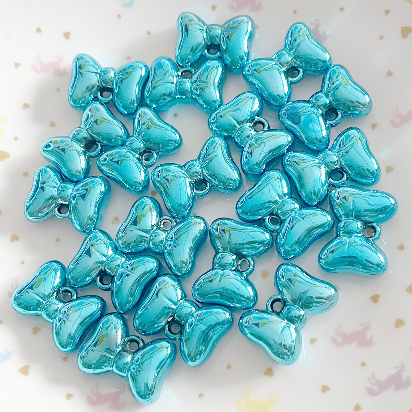 6 Blue metallic puffy bow charms