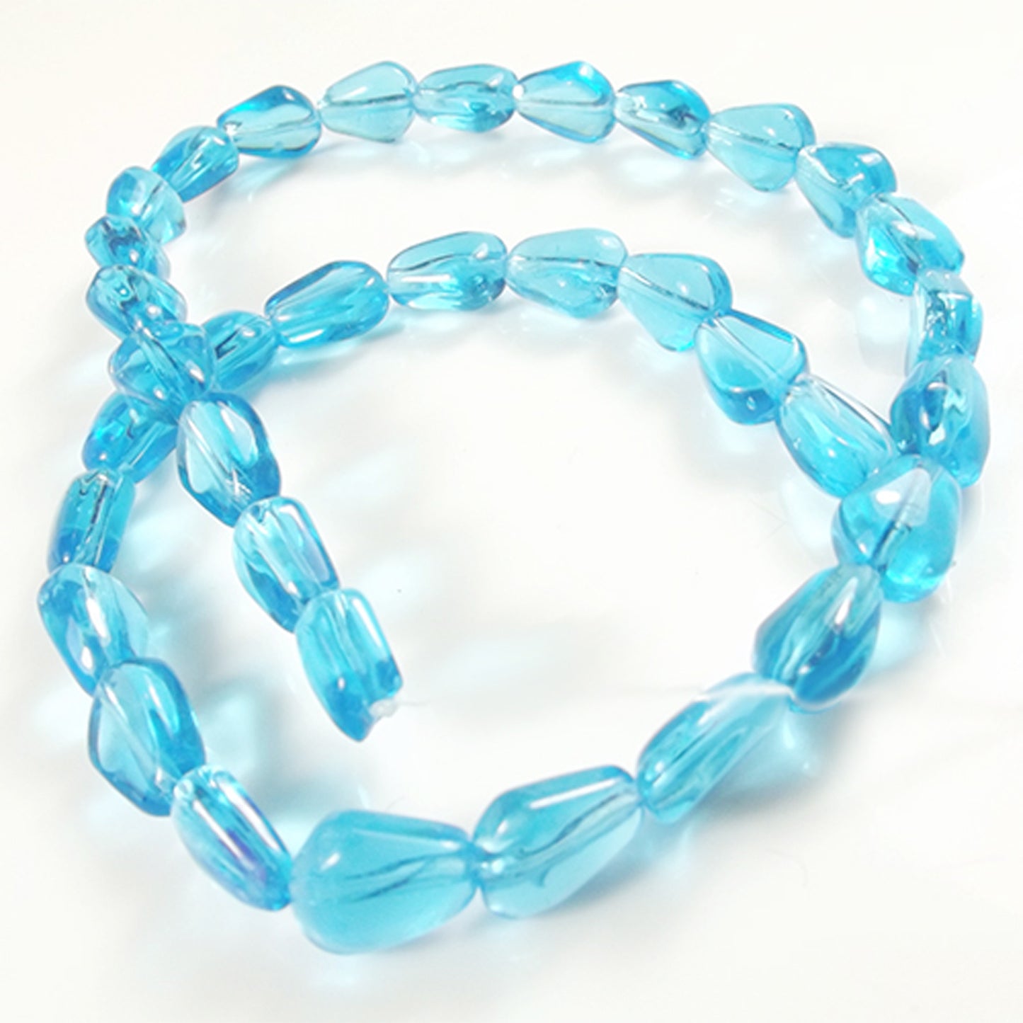 Blue transparent curve tear drop string of glass beads