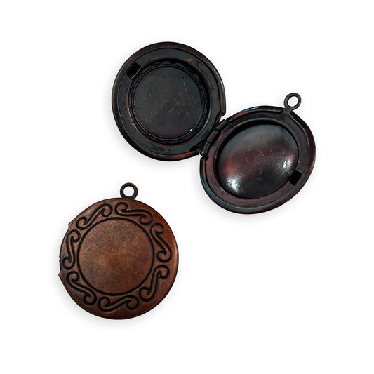 2 x Round S-swirl embossed lockets, dark copper colour