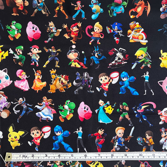 Gaming characters mega mix, black 100% cotton fabric