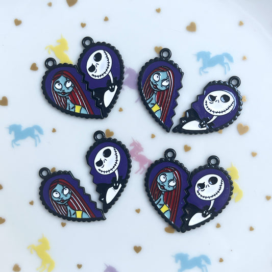 Jack and Sally heart set enamel charms