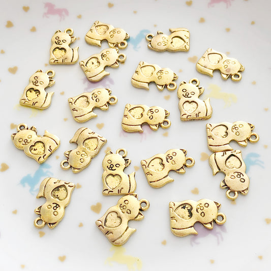 10 Kitten love heart antique gold colour charms