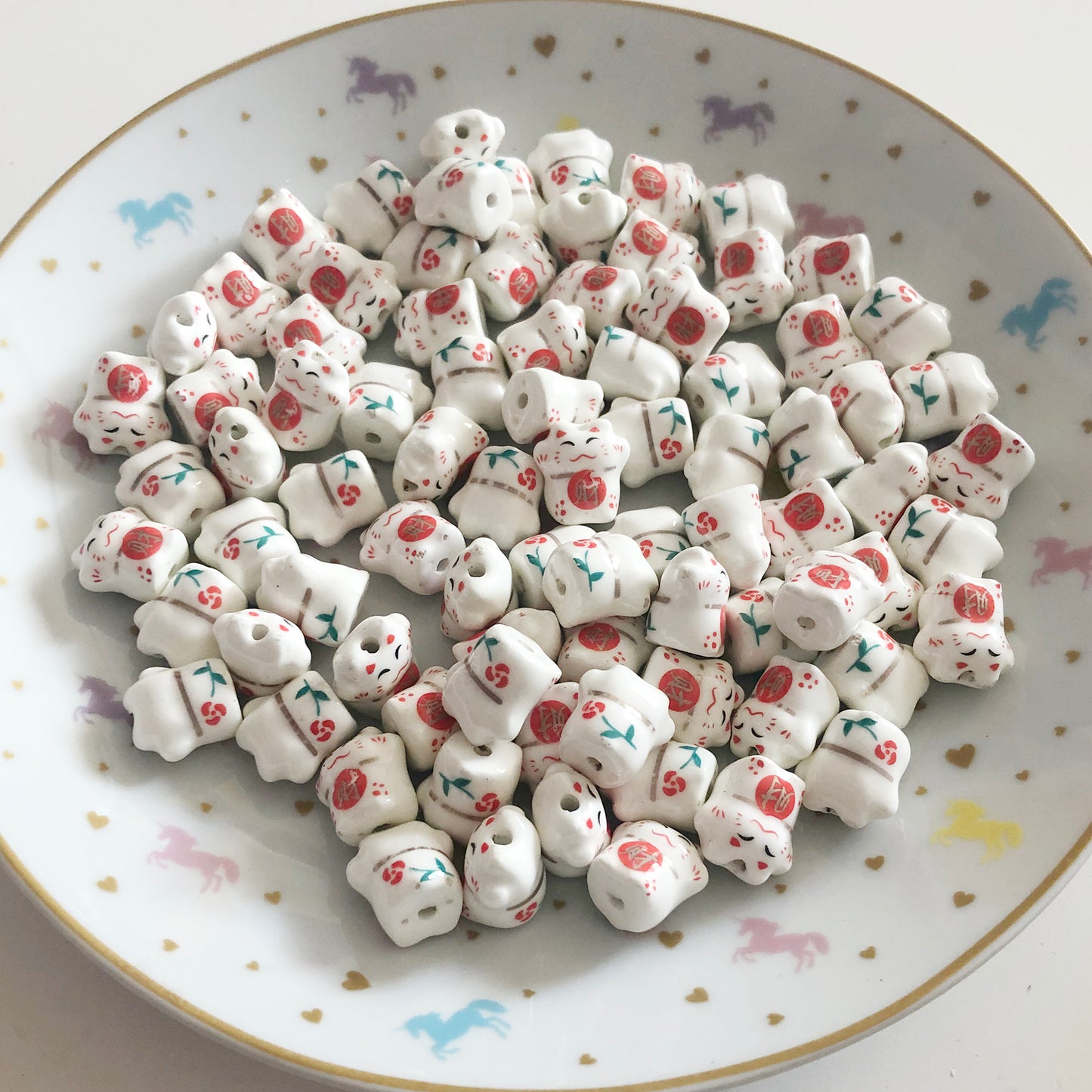 4 x Maneki Neko Sakura, lucky cat porcelain beads