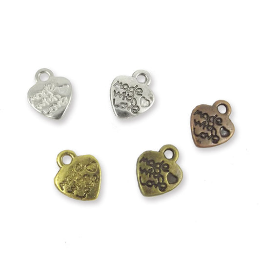 10 x Made with love metal charms, CHOOSE COLOUR MIX!