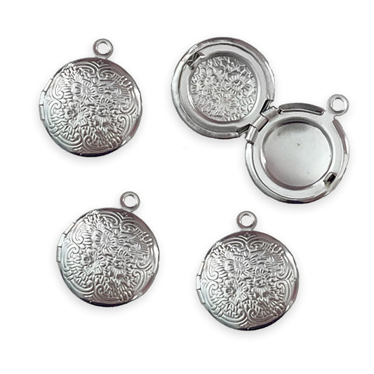 4 x Mini round locket charms, silver colour