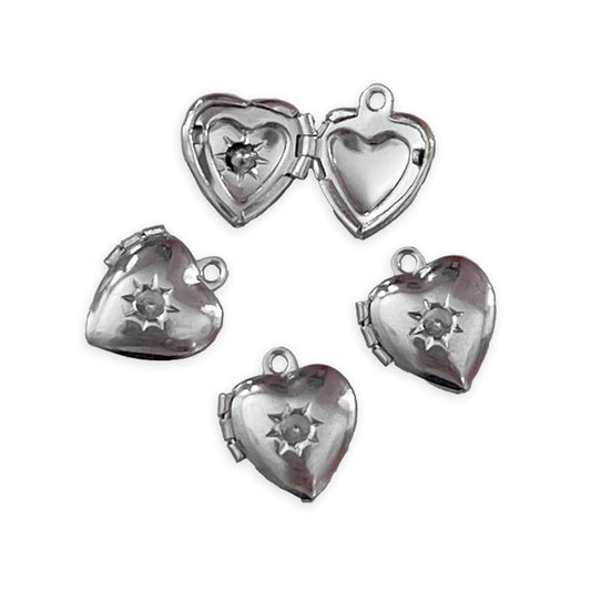4 x Mini heart sun embossed locket charms, silver colour
