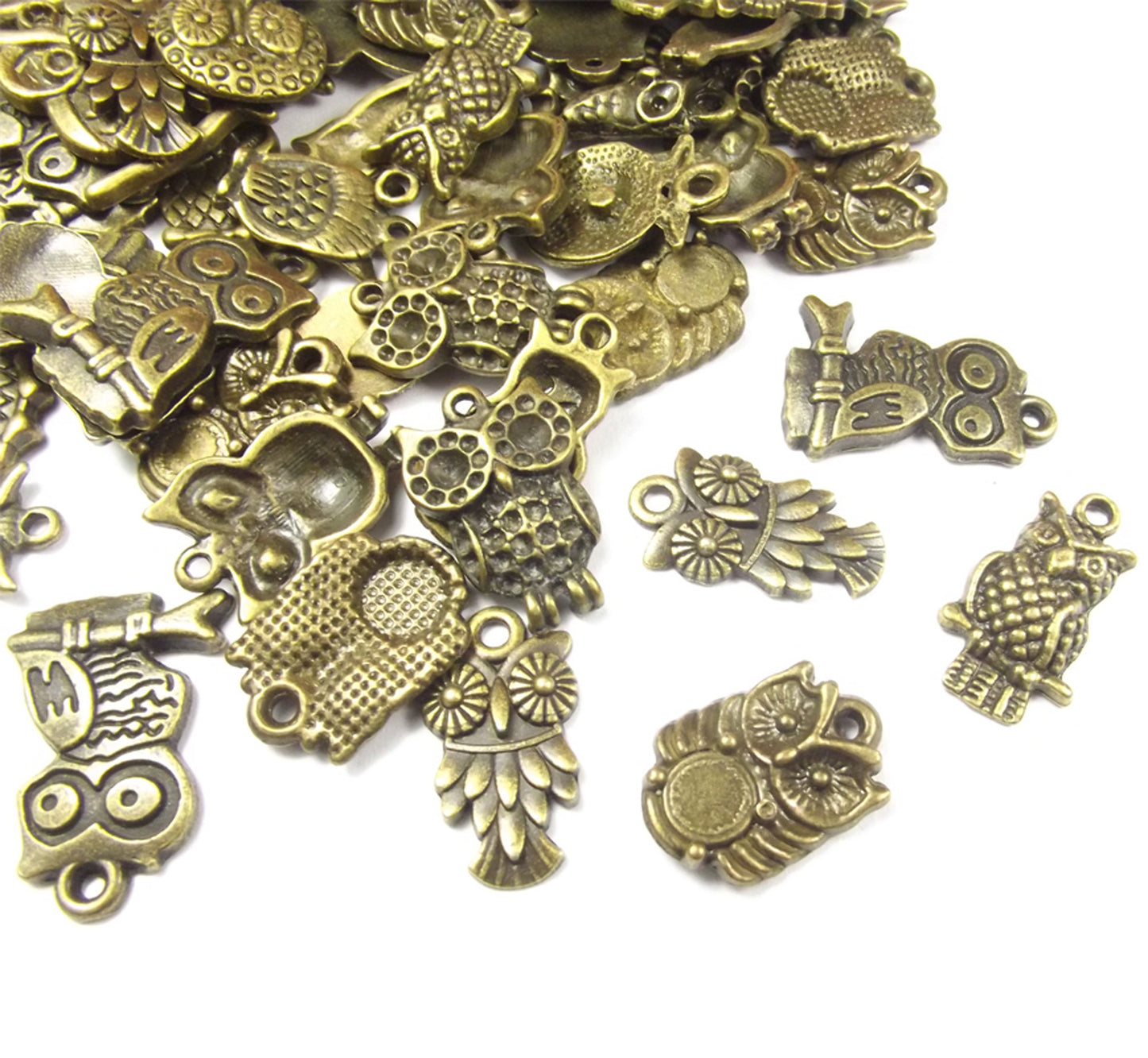 10 mixed owl charms, antique bronze