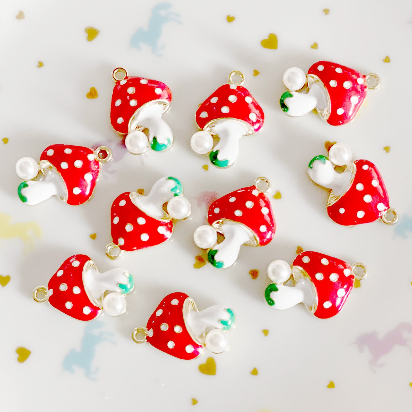 4 x Mushroom & pearl Amanita enamel charms