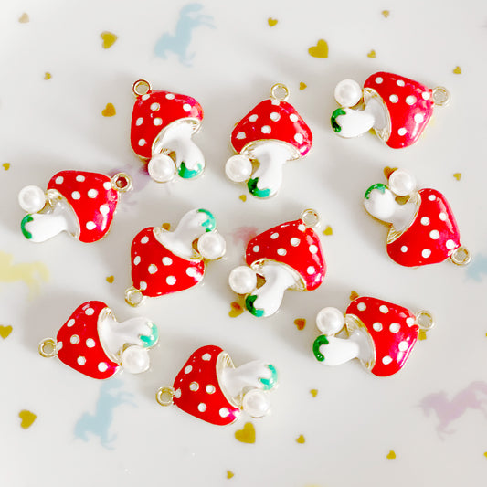 4 x Mushroom & pearl Amanita enamel charms