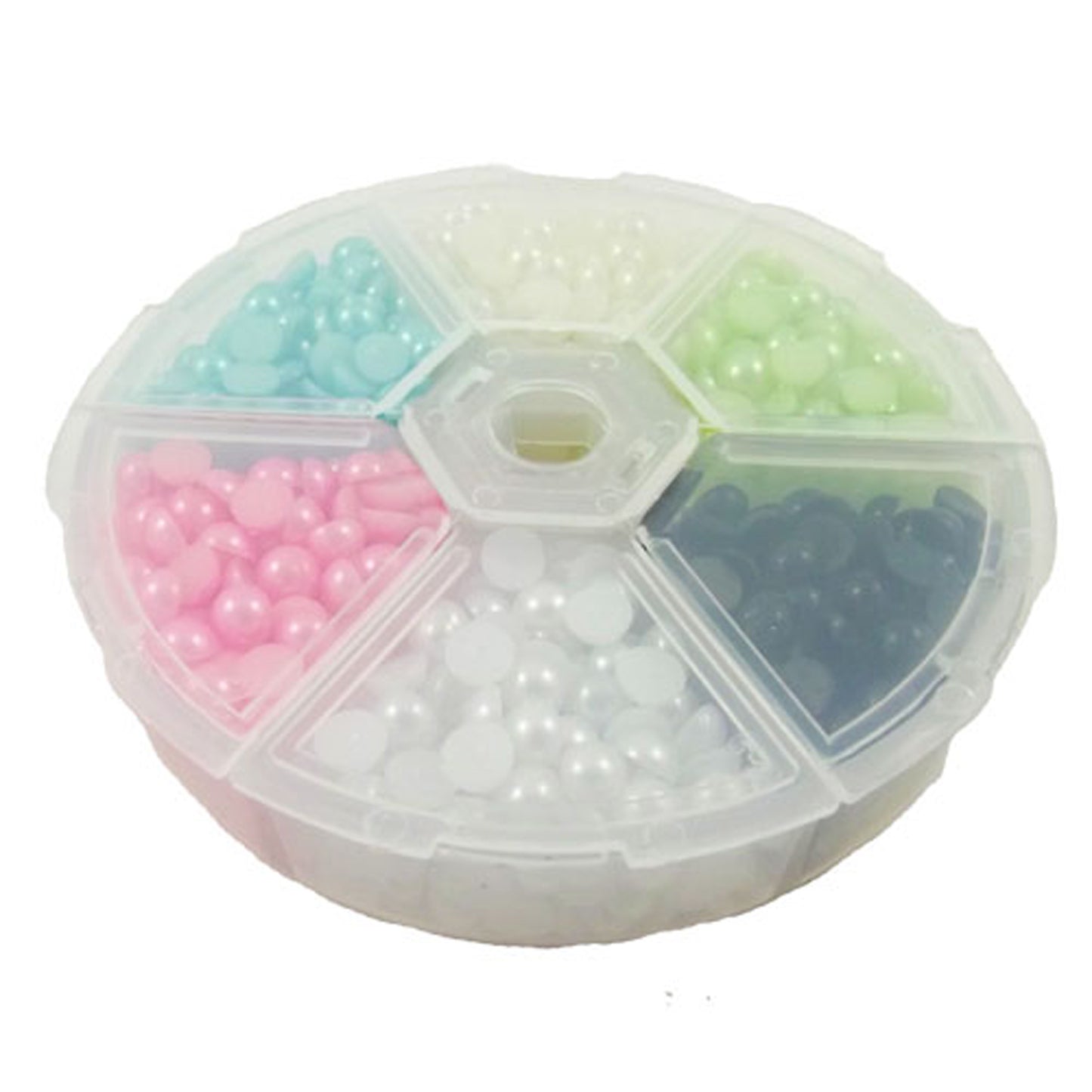 Wheel container with 7 colours of 5mm pearl cabochons