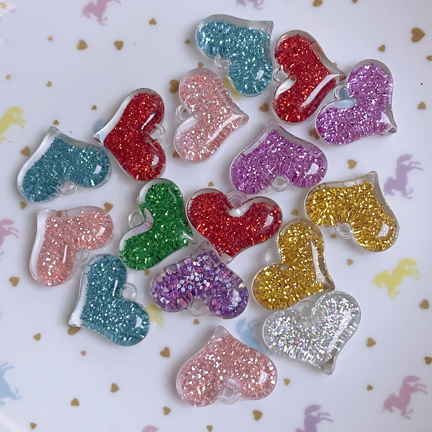 6 Heart glitter resin charms, mixed colour