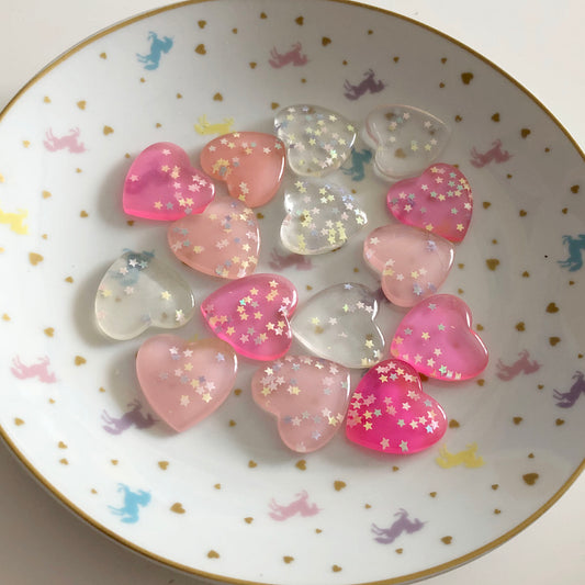 4 resin heart with glitter star cabochons