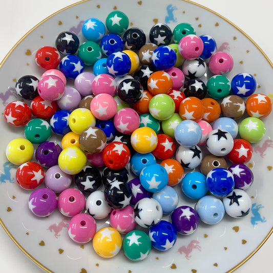 10 Star detail round beads, 16mm mix colour