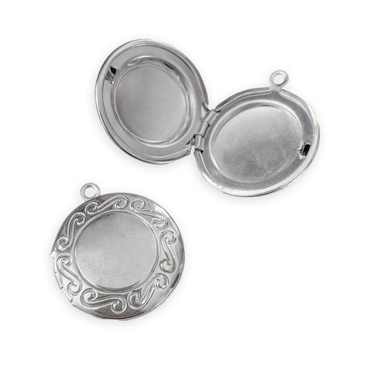 2 x Round S-swirl embossed lockets, silver colour