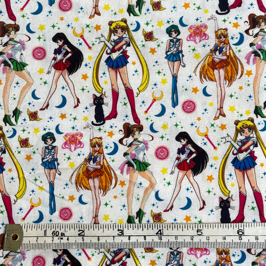 Sailor Moon girls, white background 100% cotton fabric
