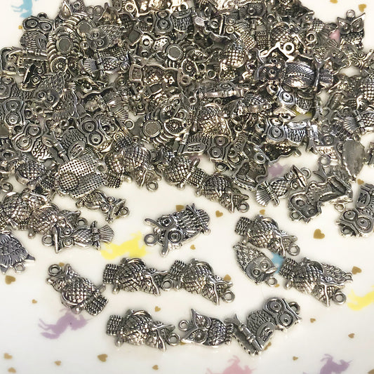 10 mixed mini Owl charms, silver colour