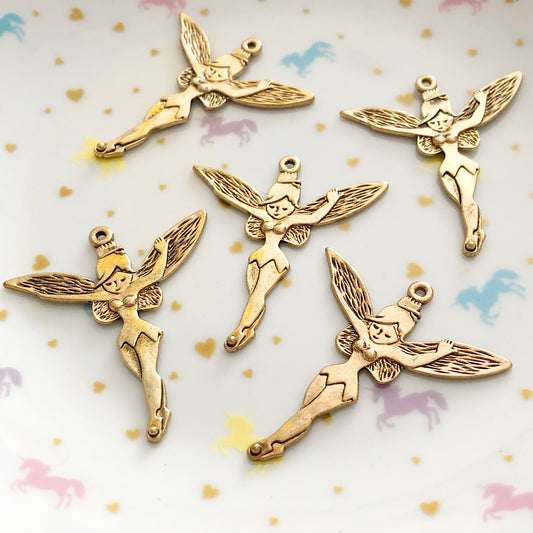 4 Tinkerbell Fairy antique gold colour charms