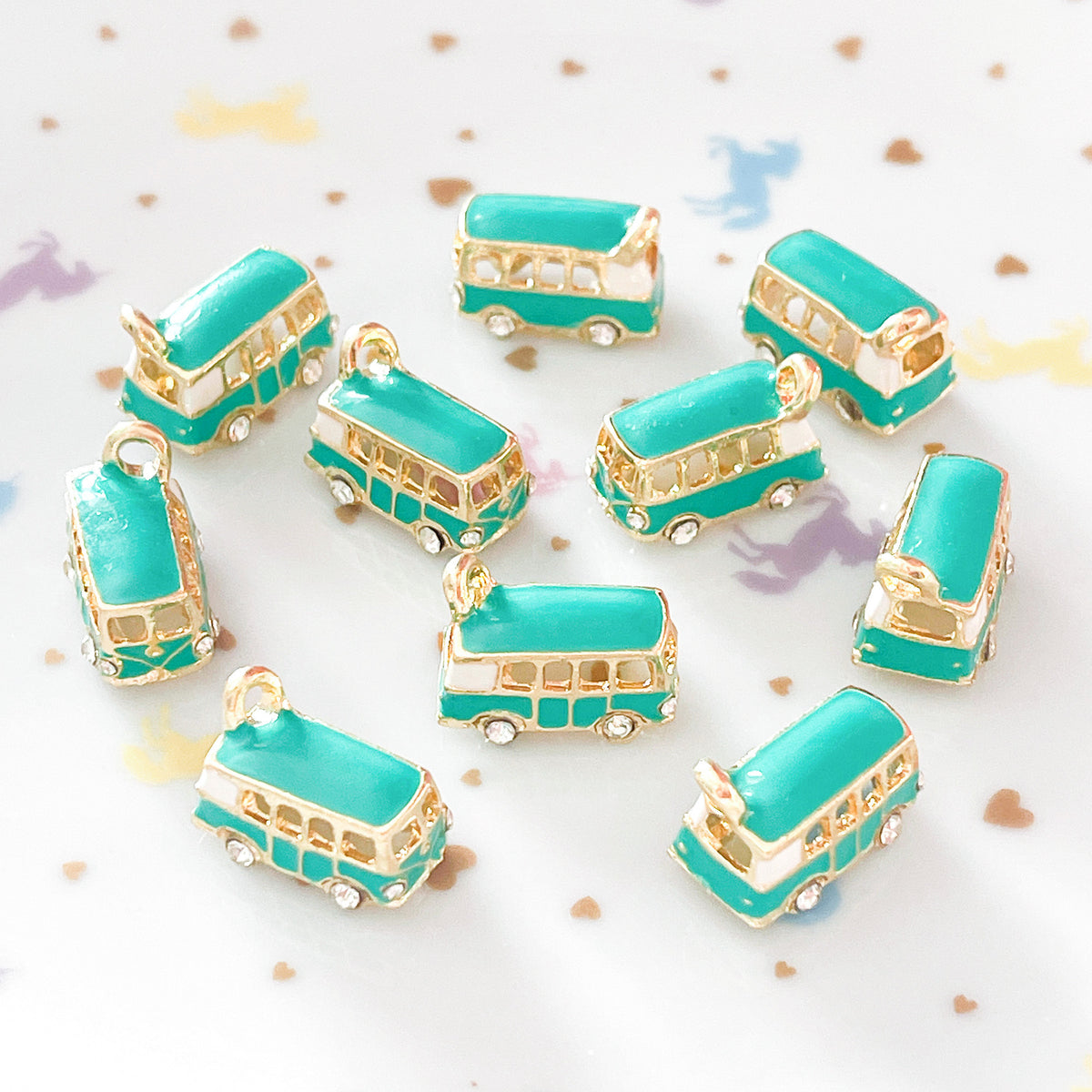 4 x VW style camper van turquoise enamel charms