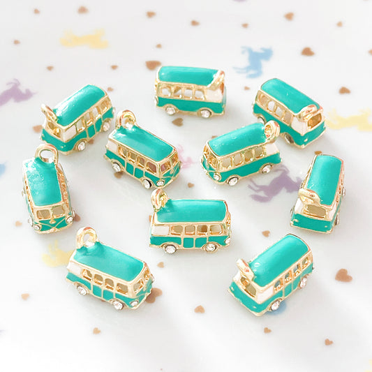 4 x VW style camper van turquoise enamel charms