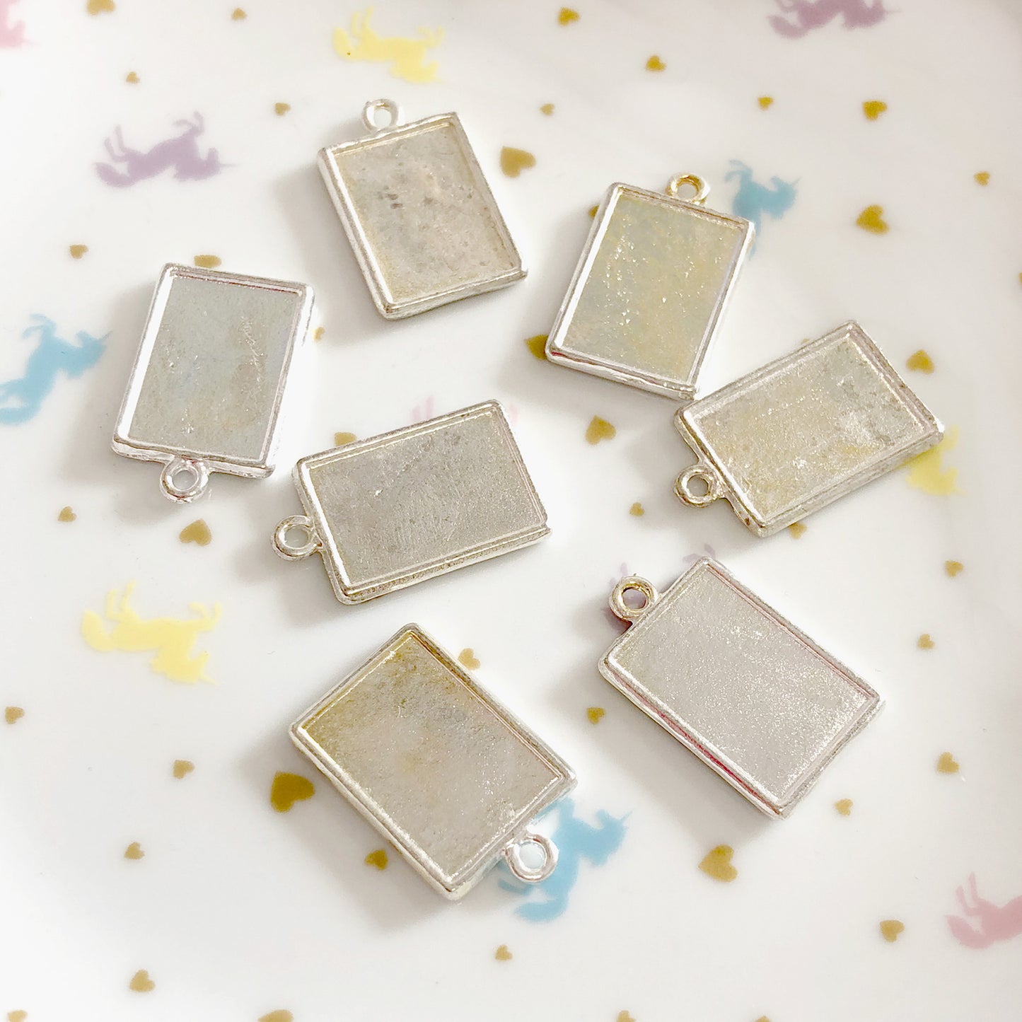 6 x Double sided rectangle frame setting charms, silver colour