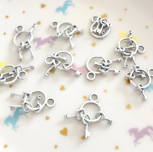 6 mini key charms, silver colour