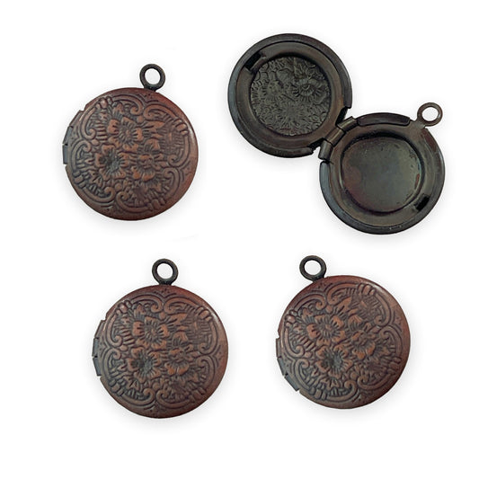 4 x Mini round locket charms, dark copper